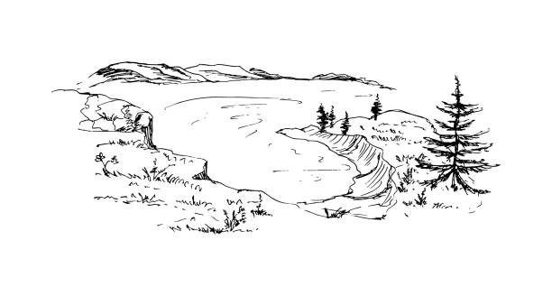 산, 자연, 호수와 풍경입니다. 스케치. 벡터 그림입니다. - pencil pine stock illustrations