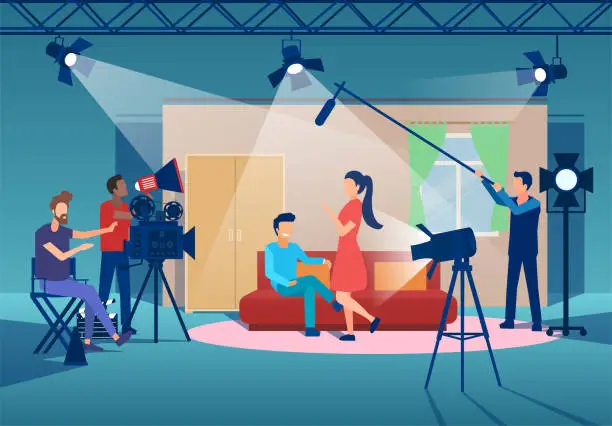 Vector illustration of Vector of a film production with cinema people, camera man, director, actors and a boom operator