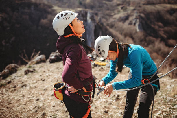 istock Checking safety steps for an outdoor rock climbing 1222450649