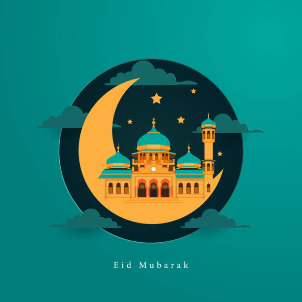 szczęśliwy eid mubarak z meczetem - religious celebration illustrations stock illustrations