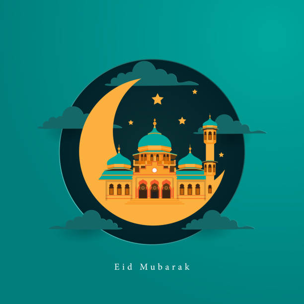 happy eid mubarak with mosque eid al adha greeting concept with mosque , eid mubarak, eid al fitr, islamic culture eid adha stock illustrations