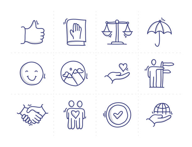 illustrazioni stock, clip art, cartoni animati e icone di tendenza di set semplice di icone di linea vettoriale doodle correlate ai valori principali - silhouette handshake business customer