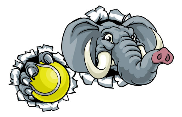 Elephant Tennis Ball Sports Animal Mascot An elephant tennis sports animal mascot holding a ball and breaking through the background republican elephant logo stock illustrations