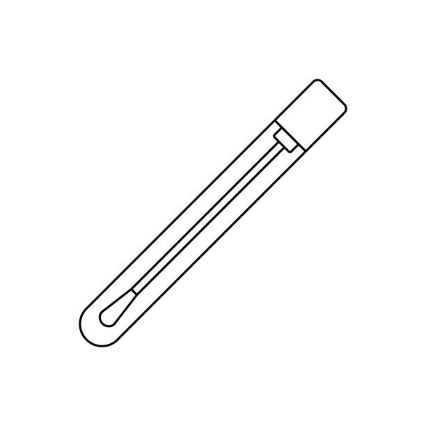 Test tube with swab sample line icon. Coronavirus testing. DNA sample. Cotton stick for nasal or saliva swab analysis. Testing kit. Black outline on white background. Vector illustration, clip art. cotton swab stock illustrations