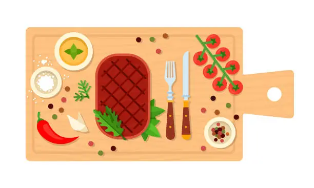 Vector illustration of Beefsteak with cutlery on a board vector flat isolated