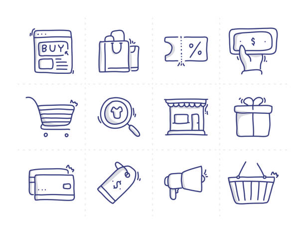 전자 상거래 관련 낙서 벡터 선 아이콘의 간단한 집합 - laptop retail e commerce store stock illustrations