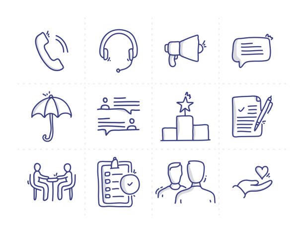 prosty zestaw relacji z klientem związane doodle ikony linii wektorowej - team concentration assistance support stock illustrations