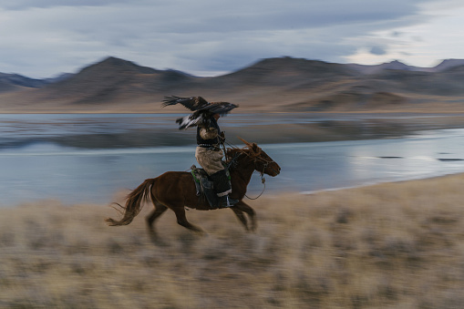 Eagle hunter near the river in Mongolia