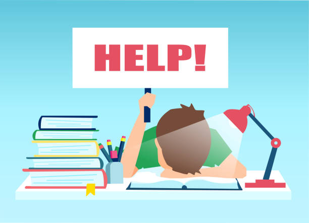 Vector of a tired little boy sitting at the table with pile of books and holding help sign. Vector of a tired little boy sitting at the table with pile of books and holding help sign. no more homework stock illustrations