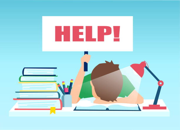 Vector of a tired little boy sitting at the table with pile of books and holding help sign. Vector of a tired little boy sitting at the table with pile of books and holding help sign. bored children stock illustrations