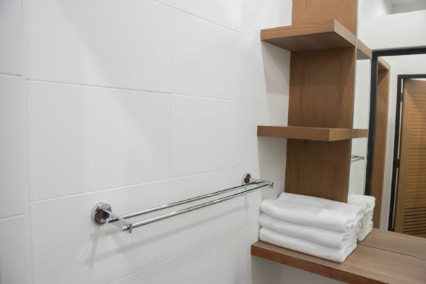 istock Folding white towel in bathroom in the resort 1222455314