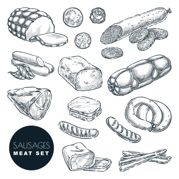 Fresh meat products collection, isolated on white background. Sketch vector illustration. Food isolated design elements Fresh meat products collection, isolated on white background. Sketch vector illustration. Food isolated design elements. Pieces of salami, turkey ham, sausages, bacon and homemade meatloaf sliced salami stock illustrations