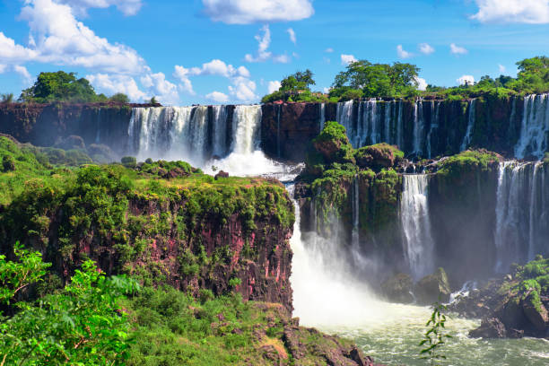 istock Iguazu waterfalls in Argentina, view from Devil's Mouth, close-up on powerful water cascade creating mist over Iguazu river going through subtropical rainforest. Overcast day with clouds. 1222456293