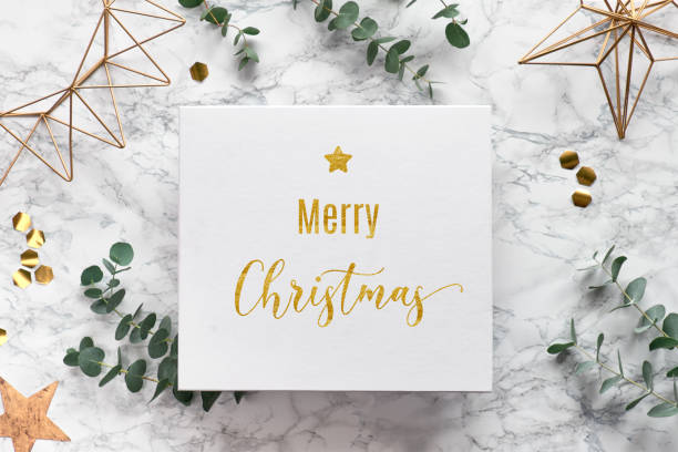 istock Flat lay on white marble background with text 