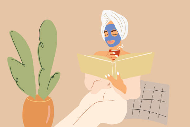 Woman reading book with facial mask at home Woman reading a book during some beauty treatments, applying facial mask at home. Vector illustration in flat cartoon style facial mask woman stock illustrations