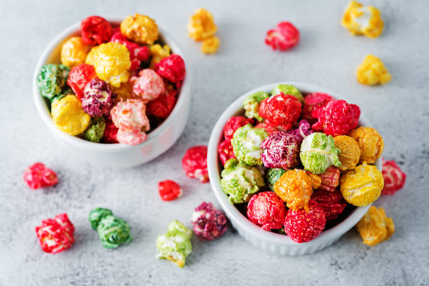 istock Multicolor caramel sweet Popcorn in a white bowl 1222458014