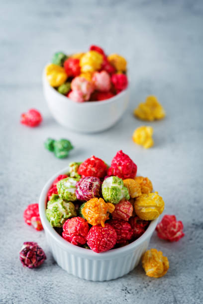 istock Multicolor caramel sweet Popcorn in a white bowl 1222458435