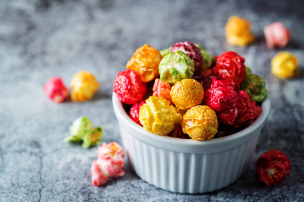 istock Multicolor caramel sweet Popcorn in a white bowl 1222458443