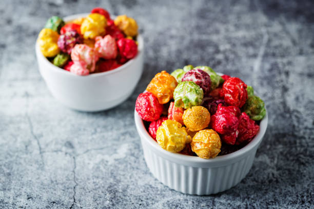 istock Multicolor caramel sweet Popcorn in a white bowl 1222458445