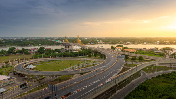 istock Expressway transport traffic road with vehicle movement. 1222458469