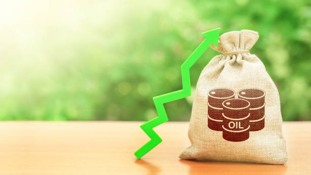 Bag with a barrel of oil and a green arrow up. Rising oil prices and stabilization of energy market. Economic recovery after crisis and demand rise. Growth of strategic and federal reserves. bolsa con un barril de aceite y una flecha verde hacia arriba. el aumento de los precios del petróleo y la estabilización del mercado energético. recuperación económica tras crisis y aumento de la demanda. crecimiento de reservas estratégicas y feder