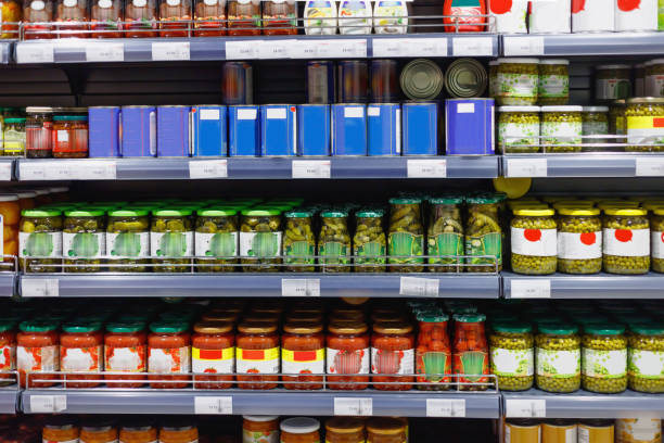 istock Interior view canned food products in cold storage  store. 1222461178