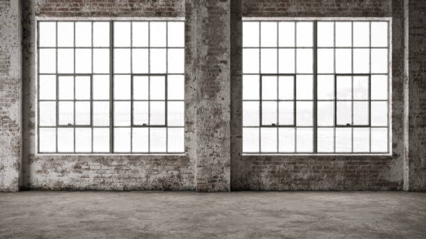 istock Empty, large interior with old brick walls and big windows.  Interior concept background . 3d Render 1222462288