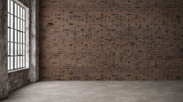 istock Empty, loft industrial grunge interior. Old brick walls and big windows.  Interior concept background .3d Render 1222462476