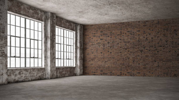 istock Empty, loft industrial grunge interior. Old brick walls and big windows.  Interior concept background .3d Render 1222462539