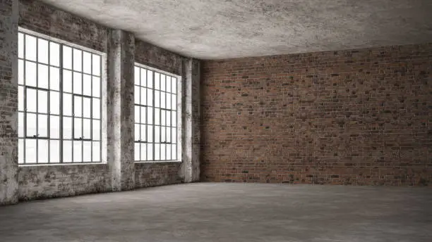 Photo of Empty, loft industrial grunge interior. Old brick walls and big windows.  Interior concept background .3d Render