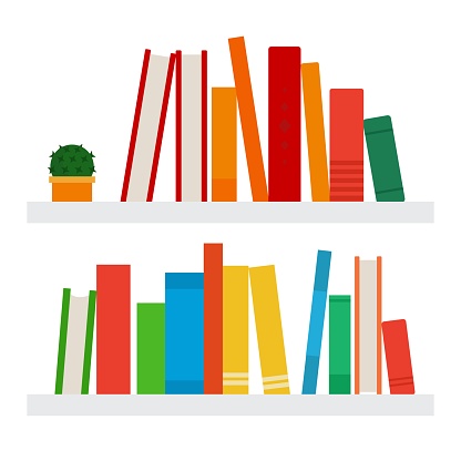 Books on shelves in a row vector flat icon isolated on white