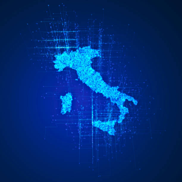 イタリアの地図、接続、ネットワーク。スマートな作業、デジタル化、未来。技術革新とインターネットネットワーク。 - europe map world map cartography ストックフォトと画像