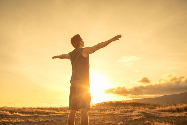 istock Happy young man at sunset with arms outstretch feeling free as a bird. 1222468013