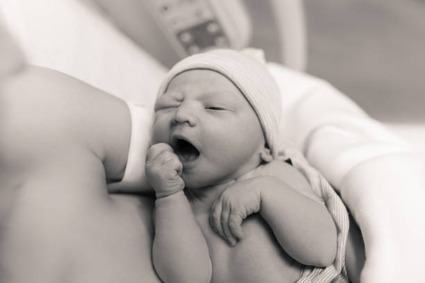 Newborn baby girl resting in mothers hands. Black and white portrait new born baby girl resting in mothers arms. labor childbirth photos stock pictures, royalty-free photos & images