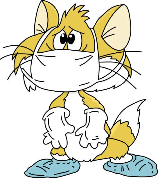 Vector illustration of Cartoon cat wearing a protective mask against corona virus vector illustration