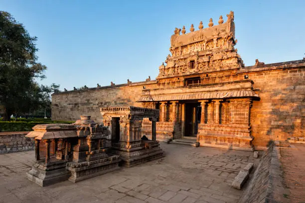 Entrance gopura (tower) of Airavatesvara Temple, Darasuram, Tamil Nadu, India. One of Great Living Chola Temples - UNESCO World Heritage Site.