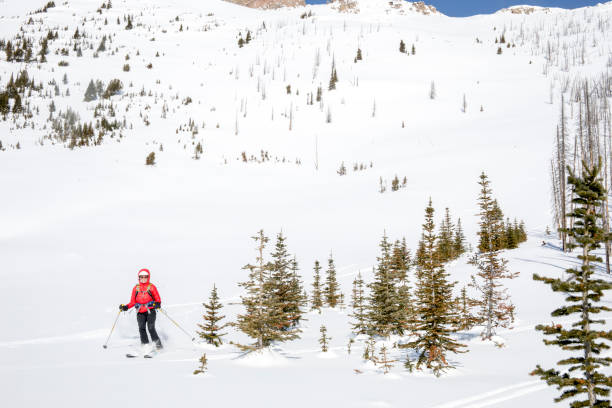 istock Female backcountry skier ascends mountain 1222474938