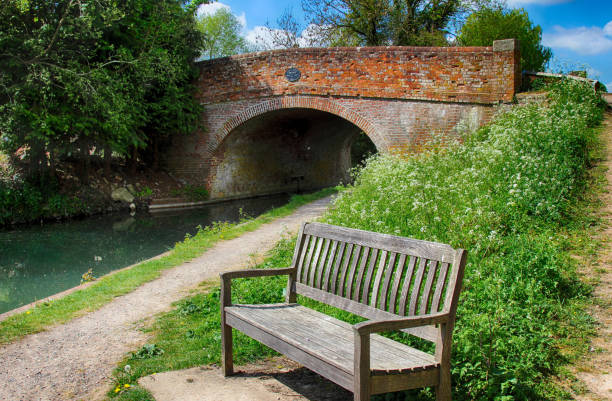 Scenic view of old bridge and canal Peace and calm at the Basingstoke Canal, Hampshire, UK, landscape of the towpath, canal and old bridge. HDR image. basingstoke photos stock pictures, royalty-free photos & images