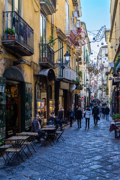 people strolling in a typical street of salerno, campania, italy - salerno imagens e fotografias de stock