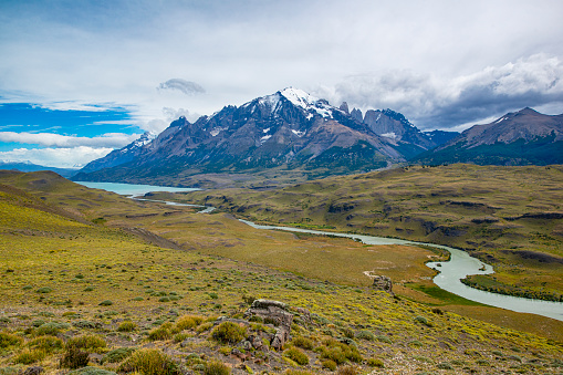 Panoramic view of the mountains of Cuernos del Paine, Torres del Paine National Park, Patagonia, Chile.