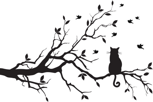 cat sitting on a tree and watching birds, vector background