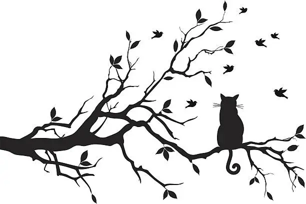 Vector illustration of cat sitting on a tree branch