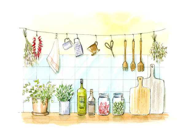 ilustrações de stock, clip art, desenhos animados e ícones de watercolor illustration of kitchen. - food illustration and painting painted image mint