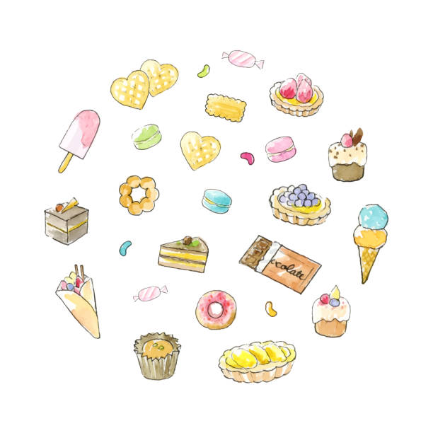 ilustraciones, imágenes clip art, dibujos animados e iconos de stock de conjunto de ilustraciones de dulces. - pancake illustration and painting food vector