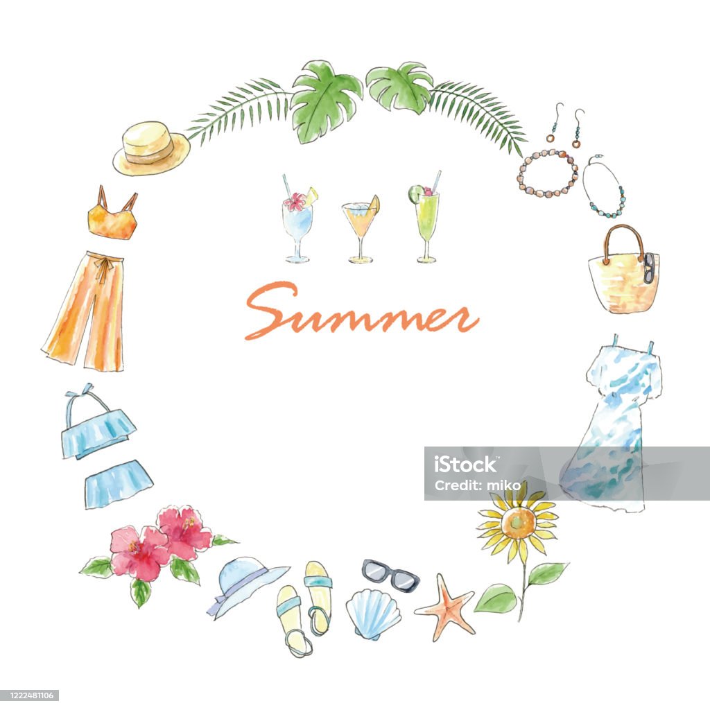 여름 프레임의 수채화 일러스트 수채화에 대한 스톡 벡터 아트 및 기타 이미지 - 수채화, 샌들, 프레임 - Istock