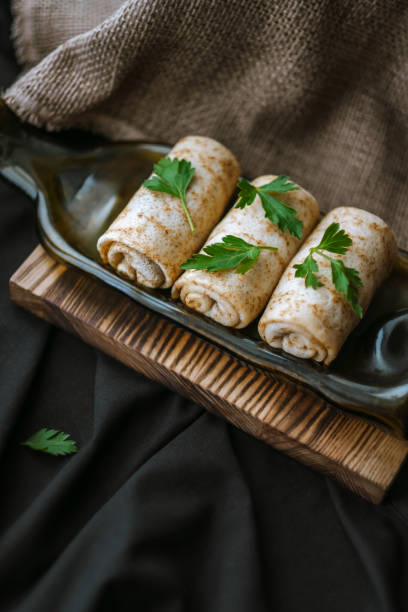 istock Stuffed pancakes with meat filling. 1222481936