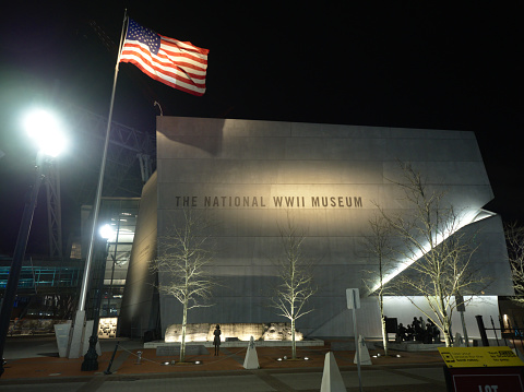 New Orleans, Louisiana, USA - 2020: Exterior view of The National WWII Museum at night.