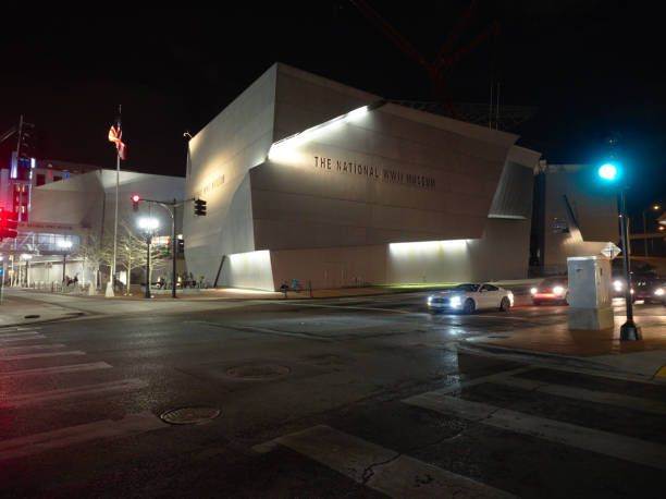 New Orleans, Louisiana, USA - 2020: Exterior view of The National WWII Museum at night.