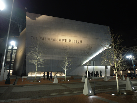 New Orleans, Louisiana, USA - 2020: Exterior view of The National WWII Museum at night.