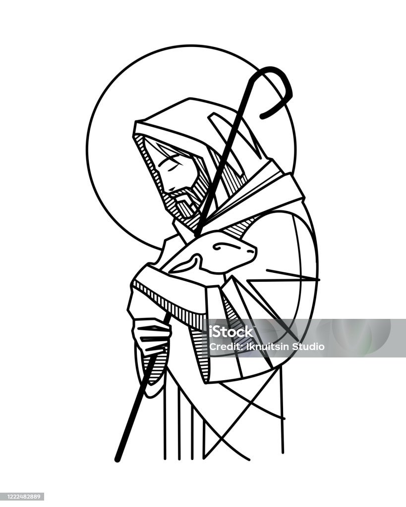 Jesus Good Shepherd Hand Drawn Illustration Stock Illustration ...